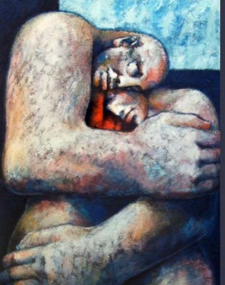 Pintura de duas figuras em um abraço, obra da própria Cláudia sobre o processo de cura
